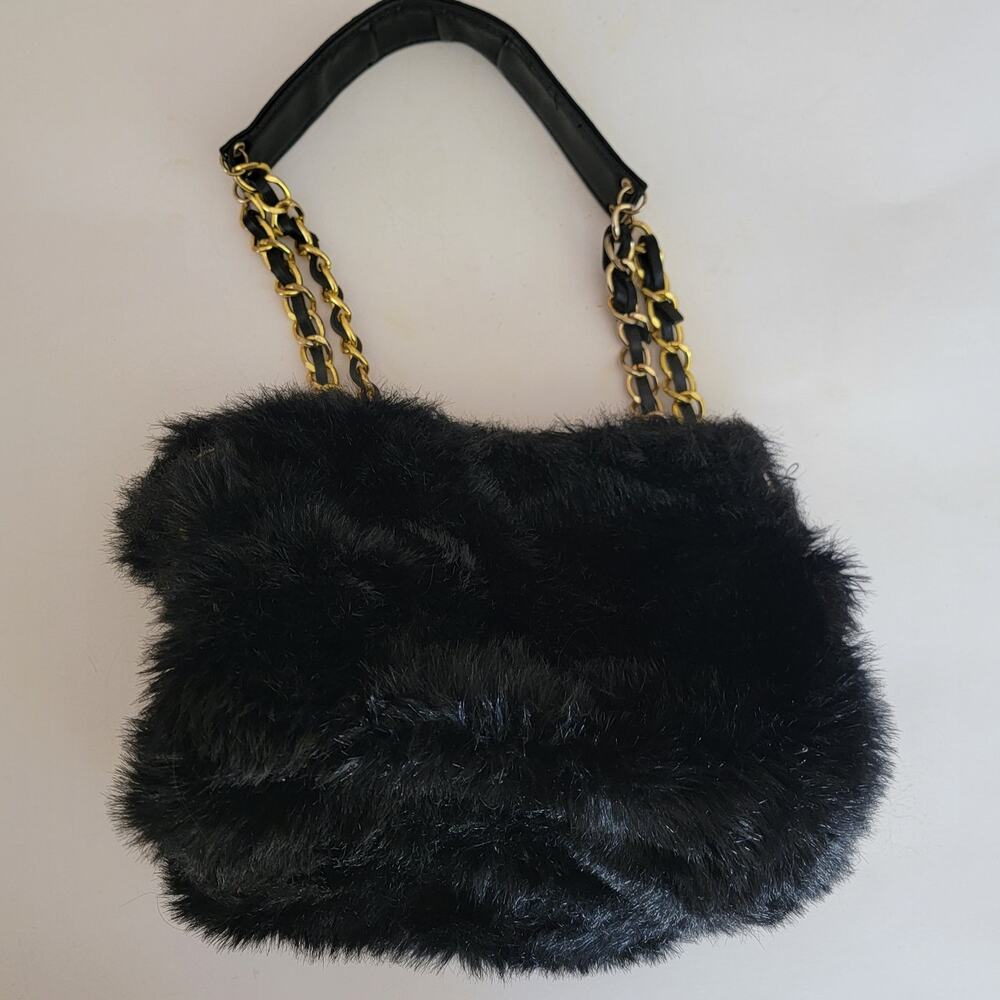 Vintage Purse Black Faux Fur Shoulder Bag Gold Chain Strap Plush Y2K Evening 90s